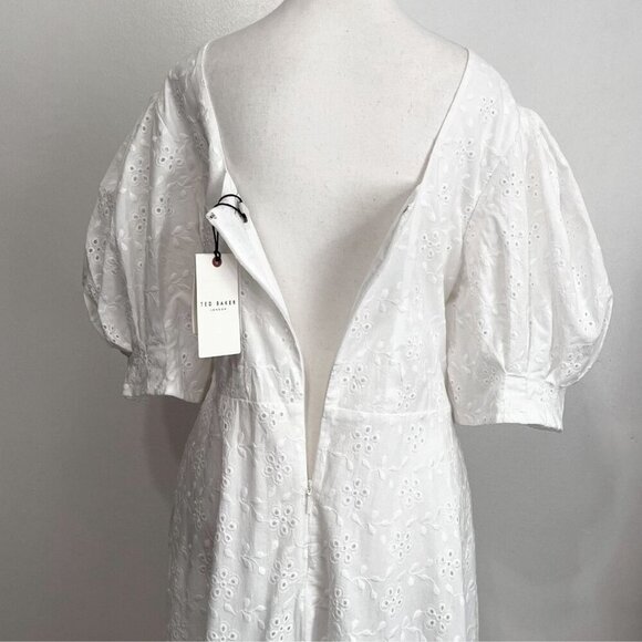 NWT TED BAKER JENAAY WHITE EYELET SHORT PUFF SLEEVE MAXI PEASANT DRESS - 5 (XL) - Picture 10 of 16